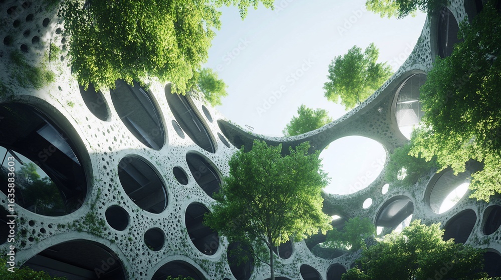 Poster innovative eco-friendly architecture with integrating nature and urban design elements