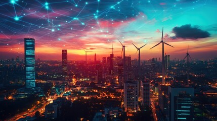 Fototapeta premium Cityscape at twilight, illuminated by wind turbines and network connections.