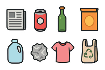 Recycling Icons for Kids. Flat vector mini-illustrations Materials that can be recycled in colors children's
