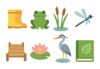 Fototapeta premium Wetland Adventure Icons. Flat vector mini-illustrations Exploring wetlands and rivers in colors children's
