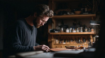 Craftsman working intently on leather in his workshop, showcasing focus, skill, and the dedication of handmade production. Great for themes of artistry and tradition.