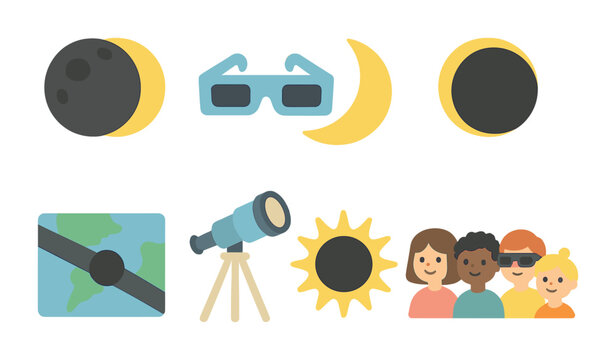 Solar Eclipse Icons. Flat vector mini-illustrations Solar eclipses in colors children's illustrations: dark