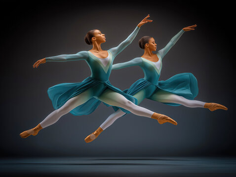 African American ballet dancers in elegant turquoise costumes leap gracefully in unison, showcasing their skill and artistry against a dramatic dark background, embodying the beauty of dance