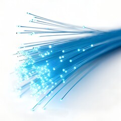 Closeup of glowing blue fiber optic strands transmitting light, representing highspeed data transfer and modern digital communication technology