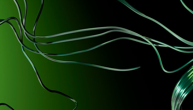 Abstract green 3d render with flowing lines on a dark background