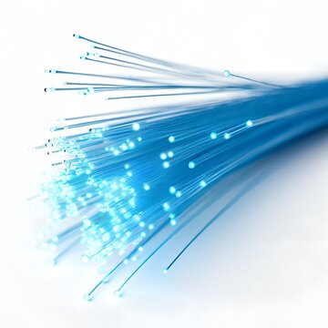 Closeup of glowing blue fiber optic strands transmitting light, representing highspeed data transfer and modern digital communication technology