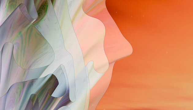 Abstract digital render with flowing geometric fabric forms on orange background