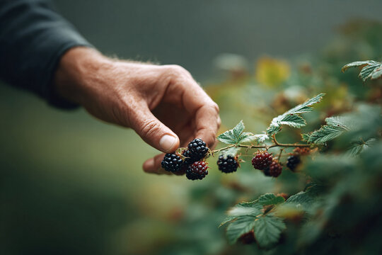 Hand picking ripe blackberries. Closeup shot evokes organic farming, fresh food, natures bounty, and sustainable living. Great for food blogs and wellness promotions.