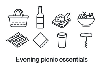 Evening Picnic Essentials. Outline icon set of evening picnic essentials: basket, wine bottle, cheese board,