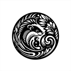 Stylized black and white circle design featuring a badger and cub