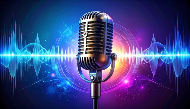 Retro microphone against a vibrant audio background - Powered by Adobe