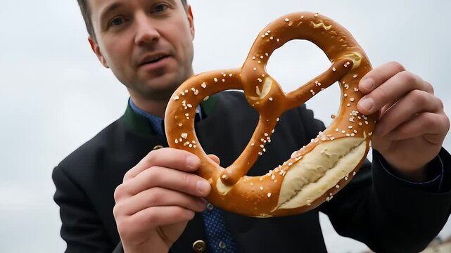 Middle Aged Man in Traditional German Attire Holding a Large Soft Pretzel Outdoors Against a Cloudy Sky