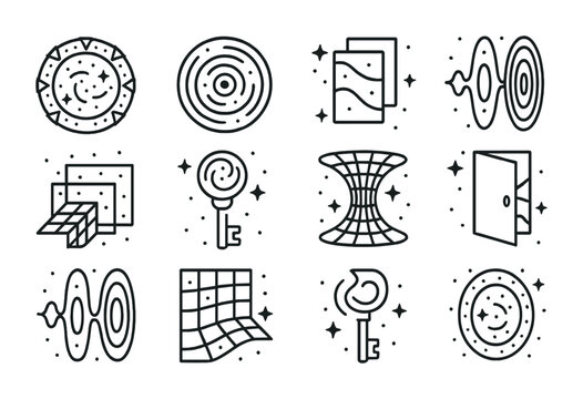 Multidimensional Travel Icons. Outline icon set of multidimensional travel: stargate, space tunnel, layered