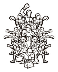 Boxing Sport Group of Boxer Ultimate Fighter Mix Action Muay Thai Kick Boxing Cartoon Outline Graphic Vector
