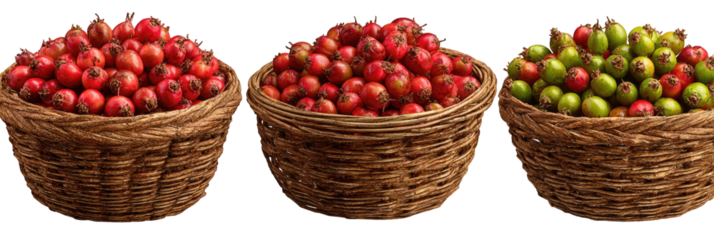 Three woven baskets filled with berries