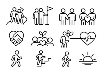 Fototapeta premium Unified Progress Icons. Outline icon set of moving forward together: united path, shared goal, strong bond,
