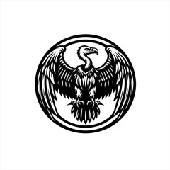 Black and white circular logo of a vulture with outstretched wings