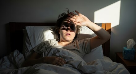 Obraz premium unwell woman in bed shielding eyes from morning sun