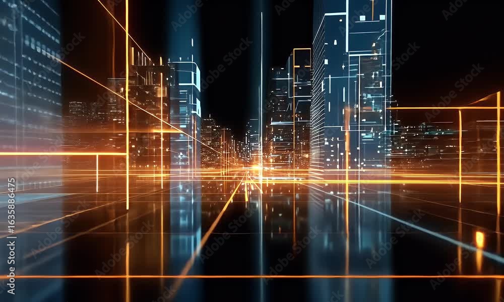 Aufkleber abstract digital background with glowing lines and cyberpunk elements. the dark space is filled with