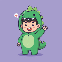 Cute Kid in a Dinosaur Costume Waving Hello. vector illustration