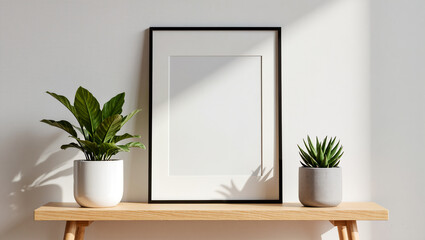 Modern decor with plants and an empty frame on a wooden shelf