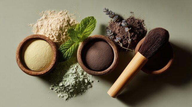 Organic cosmetic powders in wooden bowls with brush and fresh herbs, natural skincare ingredients for eco-friendly beauty brands, sustainable cosmetics marketing, wellness blog content

