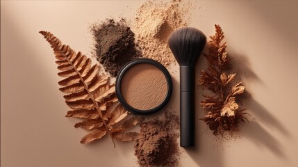 Natural beauty essentials with powder compact, brush and dried ferns on neutral background for cosmetics branding, product launch, makeup tutorial

