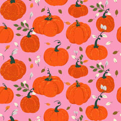 Playful seamless vector pattern featuring vibrant orange pumpkins with leaves on a pink background. Ideal for fall, Thanksgiving, and whimsical seasonal designs