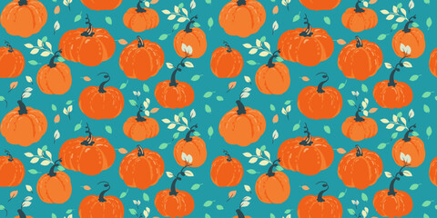 Bright seamless vector pattern with orange pumpkins and leaves on turquoise background. Template for fall designs, packaging, kids decor, autumn crafts, and festive textiles