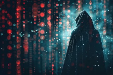 mysterious figure in a cloak, digital background, personal data protection on the Internet