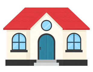  Flat Cartoon House Icon with Red Roof and Blue Door – Front View PNG