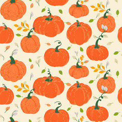 Seamless vector pattern of vibrant orange pumpkins with autumn leaves on a light cream background. Designs for fall, Thanksgiving, packaging, fabric, and seasonal decor