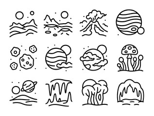 Obraz premium Extraterrestrial Icon Set. Outline icon set of extraterrestrial environments: alien landscape, ice moon,