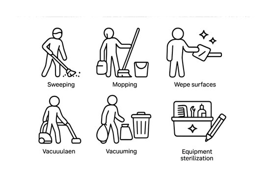 Salon Cleaning Icons. Outline icon set of salon cleaning routine: sweeping, mopping, wiping surfaces,