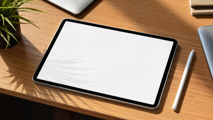 Blank tablet on a wooden desk with a touch of nature and modernity