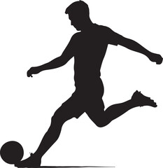 A silhouette of football player kicking ball, sport action, black on white