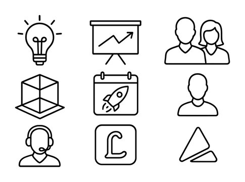 Startup Launch Icons. Outline vector icons of startup launch essentials: business idea, pitch deck, co-founder