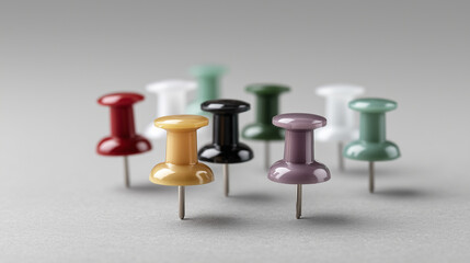 Colorful push pins arranged at various angles on a clear backdrop.