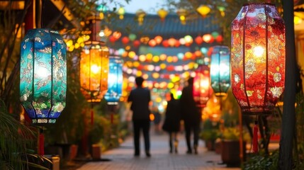 Obraz premium Vibrant Lanterns Illuminate a Quaint Asian Street during Autumn Festival Celebrations at Night