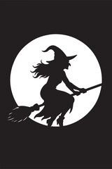 A silhouette of a witch flying on broomstick under moon, fantasy vector