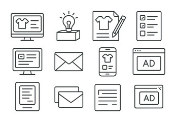 Side Hustle Icons. Outline vector icons of side hustle entrepreneurs: Etsy dashboard, order alert, product