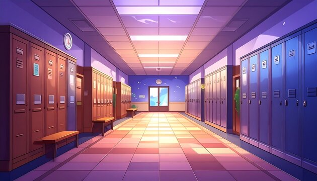 Empty school hallway with lockers and benches.