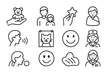 Pediatric Comfort Icons. Outline vector icons of pediatric comfort care: toy in hand, parent presence, sticker