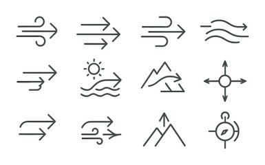 Wind Pattern Icons. Outline vector icons of types of wind patterns: trade winds, westerlies, polar easterlies,