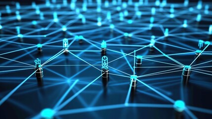 Abstract network of interconnected nodes.  Glowing light blue lines connect numerous small, stylized objects.  Dark background, reflective surface