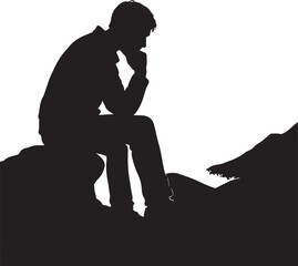 A silhouette of person sitting on rock in mountain, deep reflection, vector style
