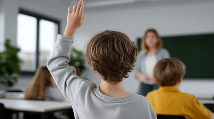 Engaged schoolkids eagerly raising hands in class