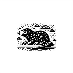 Fototapeta premium Stylized black and white illustration of a spotted groundhog emerging from its burrow