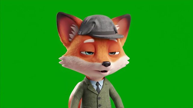 Adorable Cartoon Fox Detective in Tweed Suit with Green Screen Background Stock Video Animating Charming 3D Character for Education and Children's Content with an Isolated Graphic Design