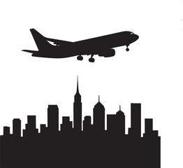 A silhouette of airplane flying over city skyline, travel vector style